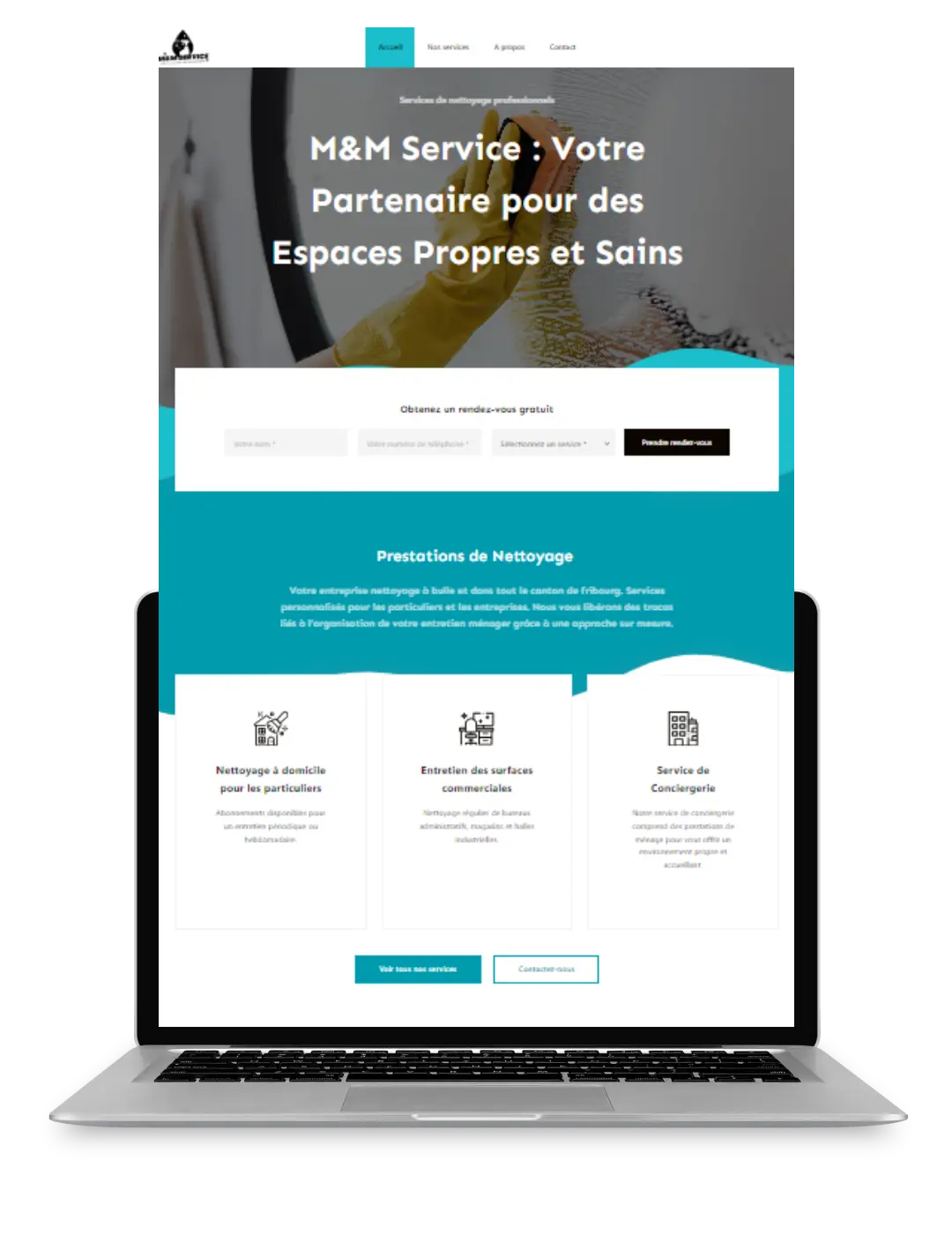 Aperçu d’un site vitrine pour une entreprise de nettoyage affiché sur un ordinateur portable ✅ Légende :