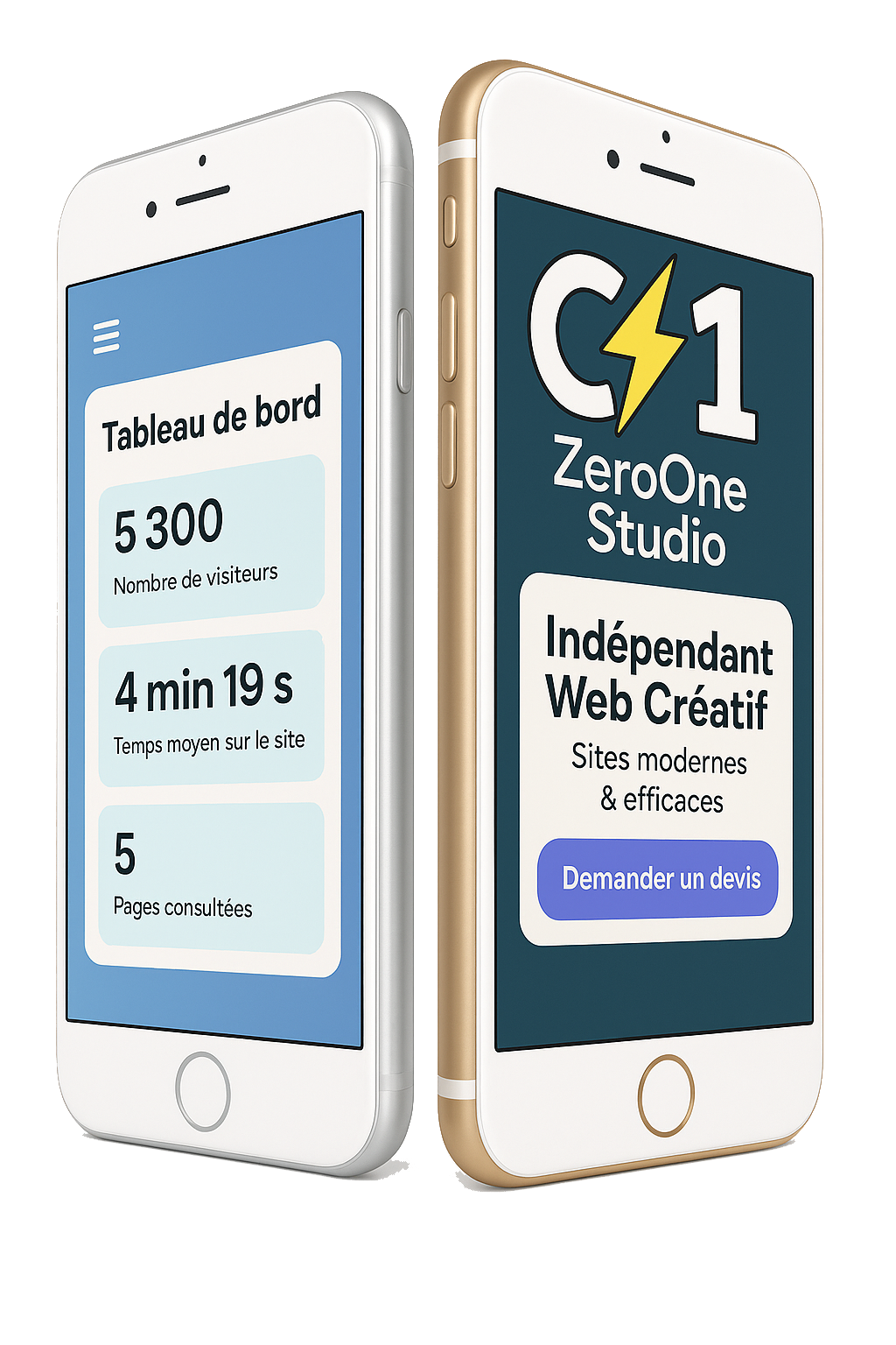 Deux smartphones affichant des statistiques web et une offre de création de site moderne par ZeroOne Studio